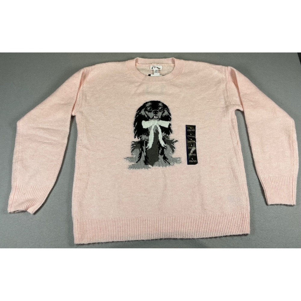 Art Class‎ Girls Sleepy Rose Pink Spaniel Dog Bow Sweater Size L 10/12 NWT